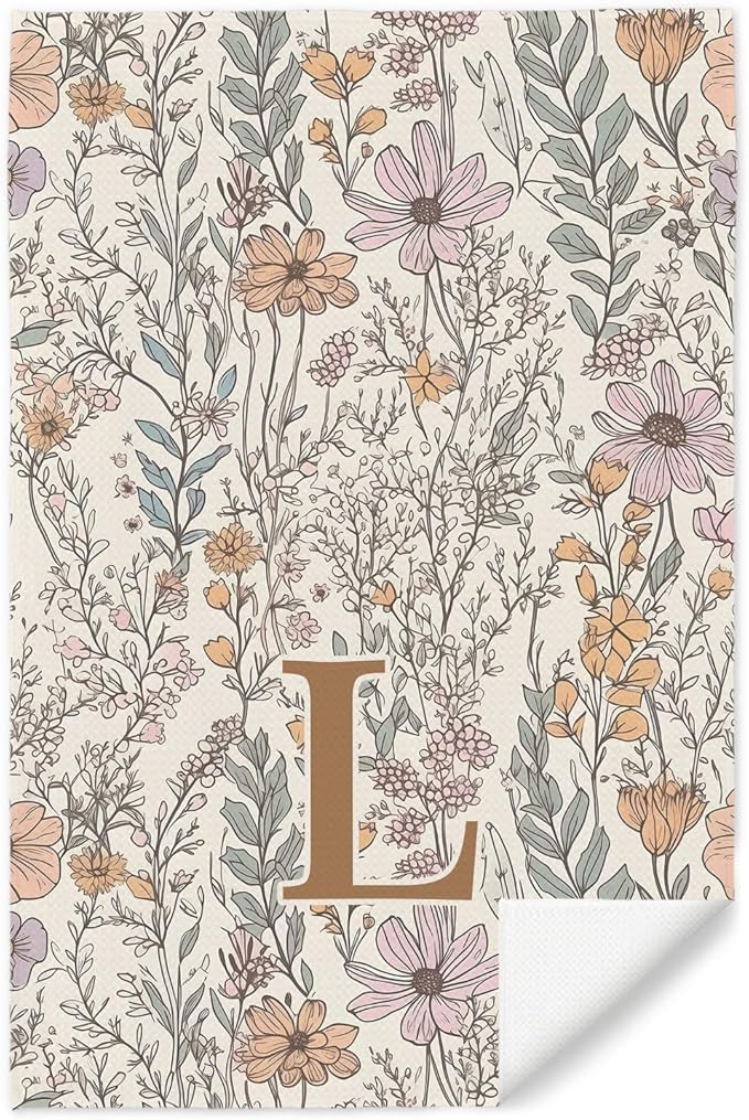 Initial L Personalized Floral Kitchen Towels Dish Towel, Custom Hand Towels for Bathroom, Monogrammed Gifts for Women Mom, Boho Floral Decorative Kitchen Towels Tea Towel, 16x24 Inch