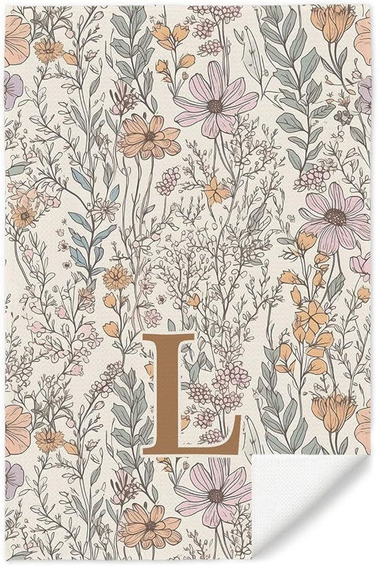 Initial L Personalized Floral Kitchen Towels Dish Towel, Custom Hand Towels for Bathroom, Monogrammed Gifts for Women Mom, Boho Floral Decorative Kitchen Towels Tea Towel, 16x24 Inch