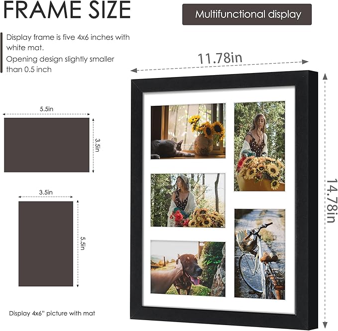 11x14 Collage Picture Frame, 4x6 Collage Picture Frame, Displays Five 4x6 inch Photos, or 11x14 (Without Mat) Wall Decor Wall Hanging or Tabletop, Black.