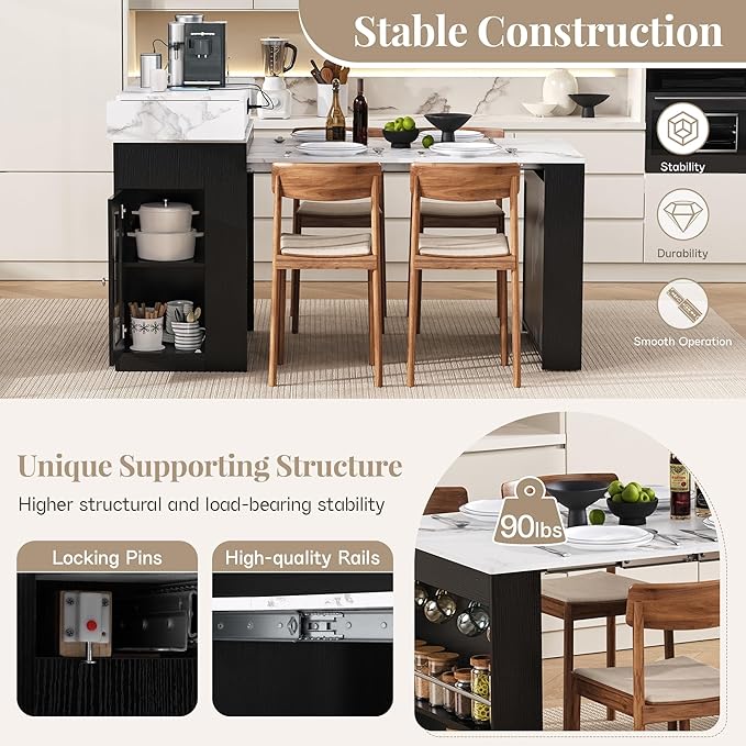 Amposei Kitchen Island with Extendable Dining Table & Power Outlet, 58’’ Breakfast Bar Coffee Station Sideboard Glass Door Storage Cabinet with Drawers, Black & White Marble