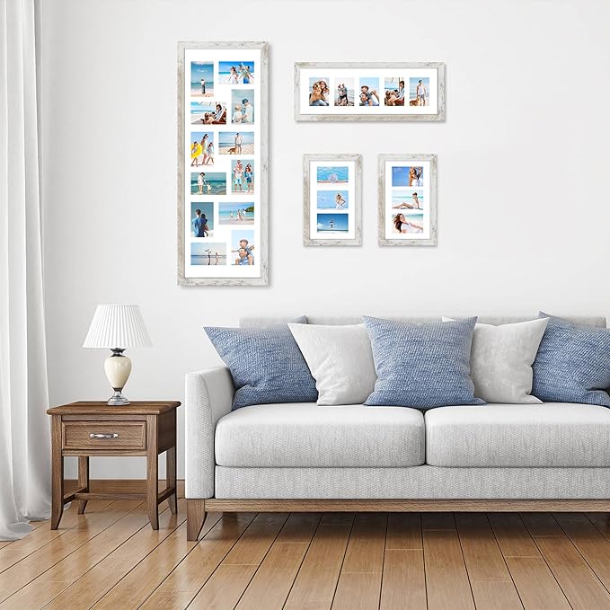 8x20 Picture Frame Set of 2, Distressed White Wood Frame with Tempered Glass Collage Frame, Display Pictures Four 4x6 With Mat or 8 x 20 Without Mat - Horizontal or Vertical Wall Mounting