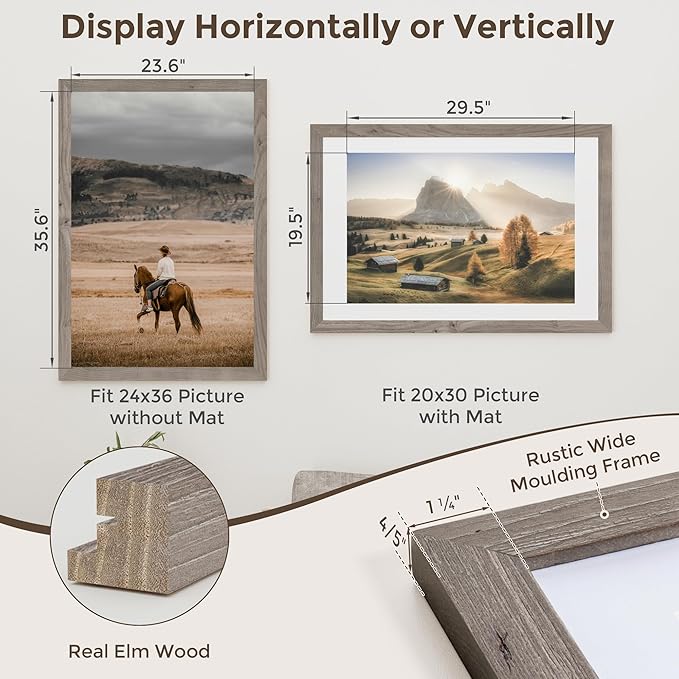 Fun Memories 24x36 Poster Frames, 24x 36 Solid Wood Picture Frame, Picture Frame 20x30 with Mat or 24 x 36 Without Mat, 24" x36" Large Poster Frame with Tempered Glass for Wall Mount, Grey, 1 Pack
