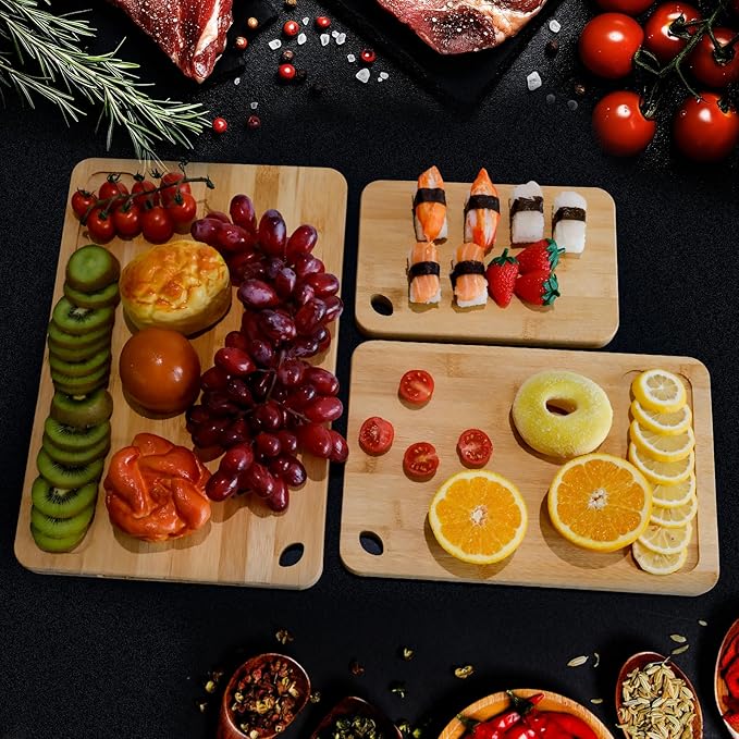 Bamboo Cutting Board Set of 3 for Kitchen, Chopping Boards with Juice Groove & Built-in Handles, Perfect for Meat, Vegetables, Fruits, Kitchen Gift for Home Cooks & Chef, Light Yellow