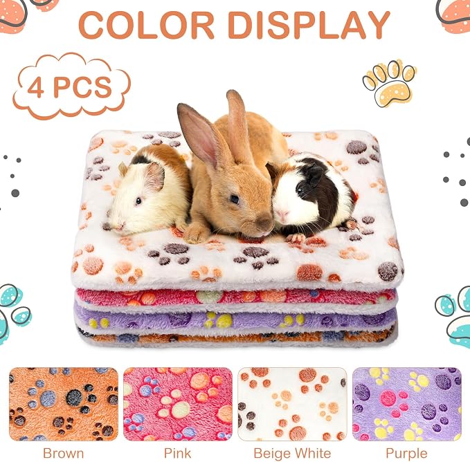 Haull 4 Pcs Waterproof Guinea Pig Bedding Soft Dog Cat Bed Crate Mat Small Animal Plush Cage Liners Rabbit Bunny Kennel Pad Reversible Cozy Pee Thickened Hamster Pad(Paw,13 x 18.5 Inch)