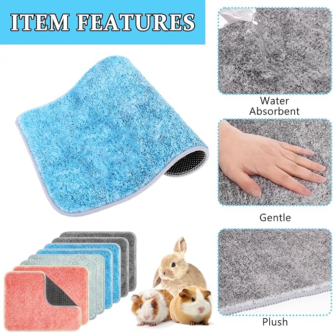 8 PCS Guinea Pig Cage Liner 16 x 12 Inch Reusable Fleece Bedding Mats Washable Pee Pads for Rabbit Hamster Chinchilla and Other Small Animal Cage Supplies (Green, Pink, Gray, Blue)