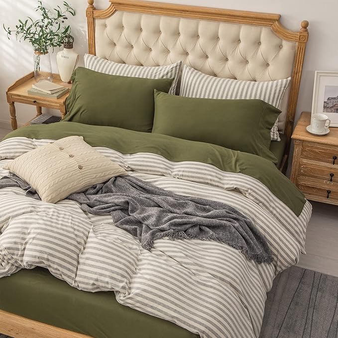 PURE ERA Jersey Knit 4pc Bed Sheet Set 100% T-Shirt Cotton Super Soft Comfy Breathable Fits Mattress Up to 20" Extra Deep Pocket (Solid Olive Green, Full)