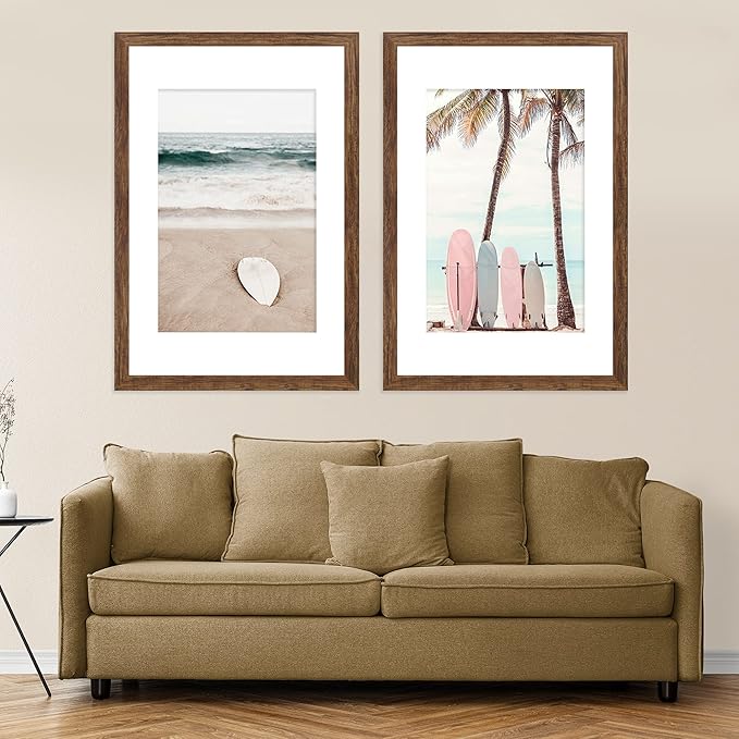 14x22 Picture Frame Set of 2, Rustic Brown Wood Style - Display 14 x 22 Picture without Mat or 12x18 Picture with Mat, Wall Mounting Horizontal and Vertical