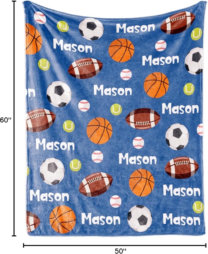 Personalized Ball Blanket with Name for Boys, Custom Name Blanket for Teen Ball, Soft Flannel Ball Blankets Customized Gift for Birthday 50"x60"