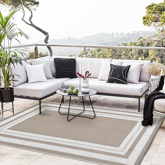 10x20 Large Outdoor Patio Rug Modern Border Plastic Straw Outdoor Rugs Waterproof Foldable UV Resistant Camping Reversible Mats for Deck, Picnic, Camper, Balcony, Beach, Rv，Light Brown