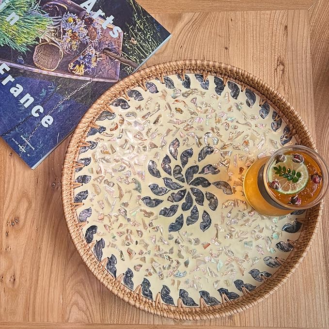 Rattan Serving Tray with Mother of Pearl, Round Coffee Table Wicker Tray Decor, Boho Decorative Woven Tray (Lucky Flower, 12 inch)