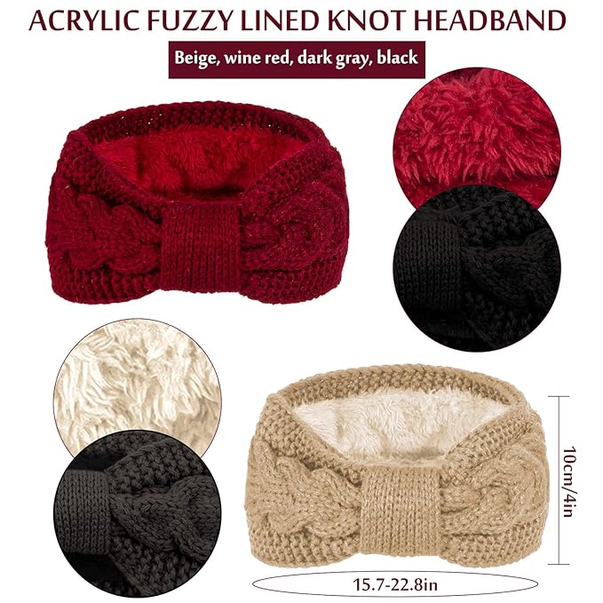 Whaline 4 Pack Winter Knit Headbands Twist Cable Head Wraps Fuzzy Lined Headband Knotted Crochet Turban Thick Ear Warmer Elastic Hair Band Accessories for Girls Women