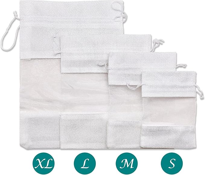 48-Pack Medium Linen Burlap & Organza Gift Bags w. Drawstrings (5x7 in, White) - Party Favors, Presents, Samples & Treats Mesh Pouch by The Display Guys