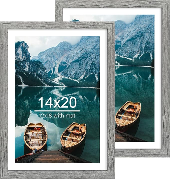 14x20 Picture Frame Set of 2, Rustic Grey Wood Style - Display 14 x 20 Picture without Mat or 12x18 Picture with Mat, Wall Mounting Horizontal and Vertical