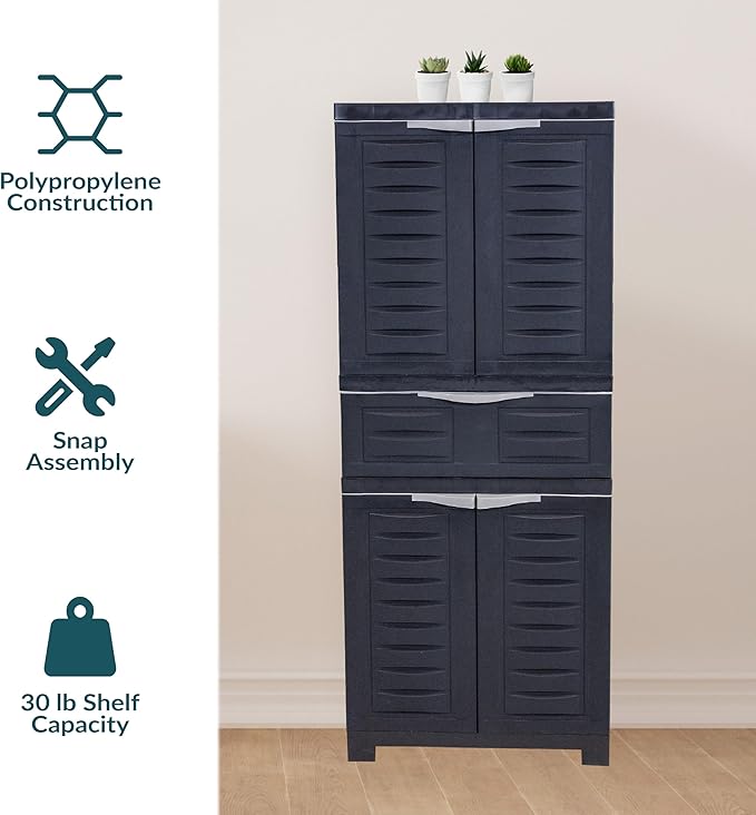 Sunnydaze 57" H Resin Garage Storage Cabinet - Garage Cabinet with 2 Adjustable Shelves - Freestanding Utility Storage for Laundry Room, Office, Basement - Charcoal