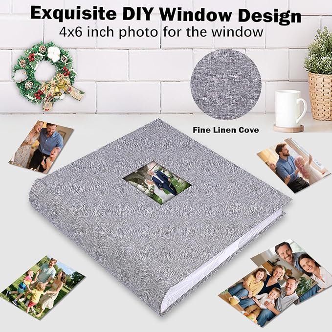 Photo Album 4x6 600 Photos with Writing Space Linen Cover with Front Window Picture Album, 600 Photos 4x6 Photo Album Book for Wedding Kids Travel Family Baby Pictures (Grey)
