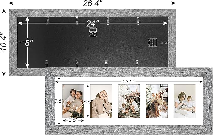 8x24 Picture Frame Display 5 opening 4X6 Picture Frame Collage,Multi Photo Frame with Mat,Plexiglass,Wall or Tabletop Decor,Grey Wood Grain