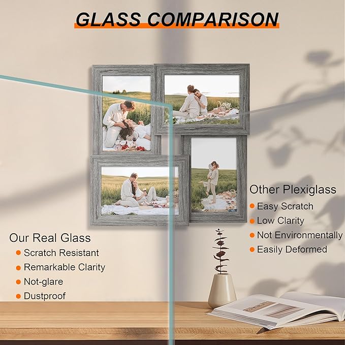 4x6 Collage Picture Frames, Multi Family Photo Frame with Real Glass, Displays Four 4x6 Photo, Wall Decor Wall Hanging or Tabletop, Grey