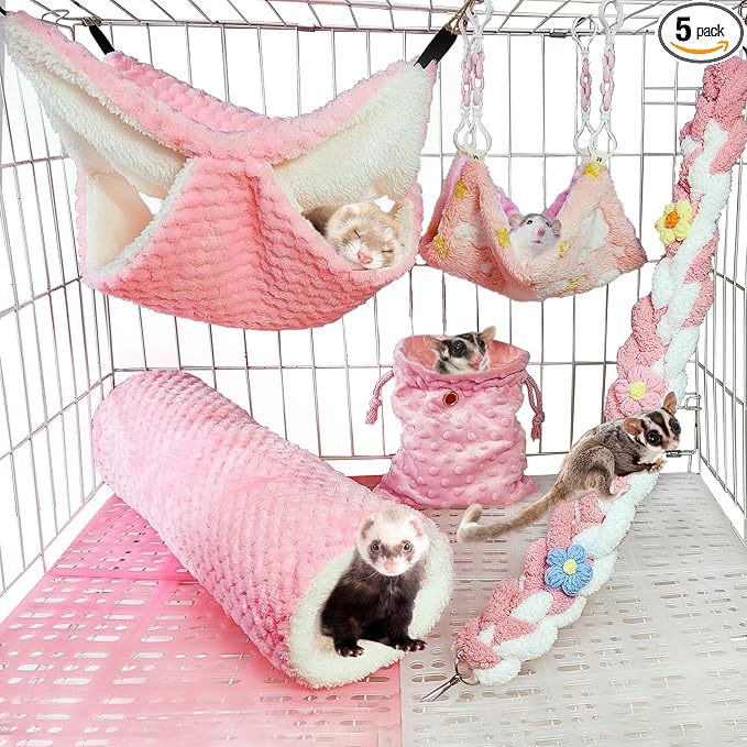 Hamiledyi Ferret Hammock 5 Pack Sugar Glider Climbing Ropes Toys Rat Hanging Tunnel Hammock Swing Squirrel Hideout Bed Cage Accessories for Mouse Hamster Small Animals