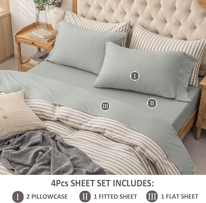 PURE ERA Jersey Knit 4pc Bed Sheet Set 100% T-Shirt Cotton Super Soft Comfy Breathable Fits Mattress Up to 20" Extra Deep Pocket (Solid Light Grey, King)