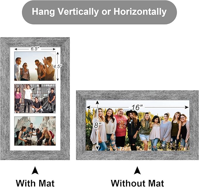 8x16 Picture Frame Display 3 opening Picture Frame 5x7 Collage,Multi Photo Frame with Mat,Plexiglass,Horizontal and Vertical Formats for Wall Decor,Grey Wood Grain