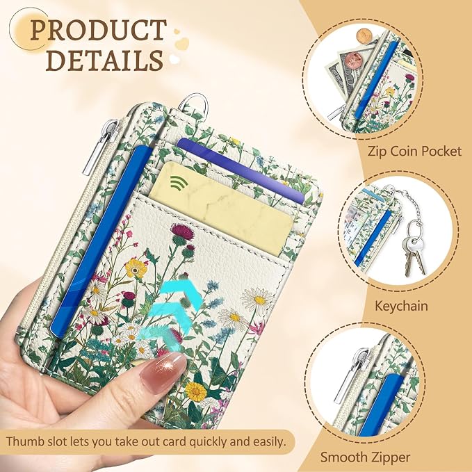 Kelvoris Credit Card Holder Small Wallet Women, Slim RFID, Wildflower | Keychain, Zipper Coin Pocket, Front Pocket Thin Travel Card Case, Minimalist, 6 Card Slots, 1 ID Window, Ladies Gifts Woman