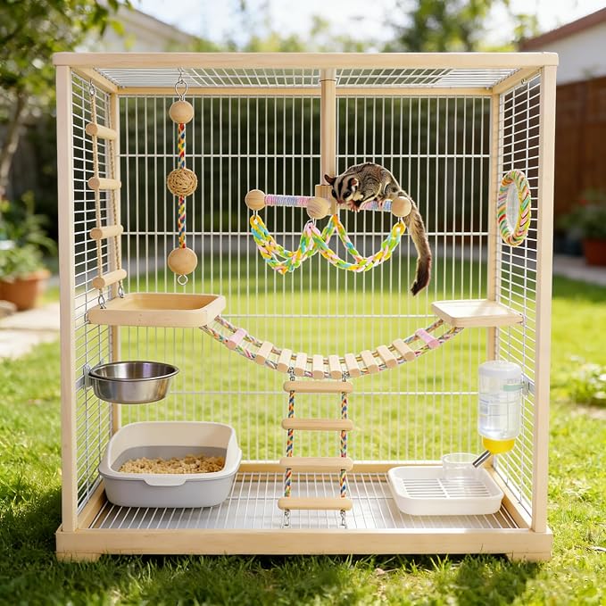 Sugar Glider Climbing Toys Haning Swing Sugar Glider Cage Accessories | Natural Wood Climbing Toys Sugar Glider Accessories Rat Enrichment Toys for Small Animals Rat and Birds(Swing Style)