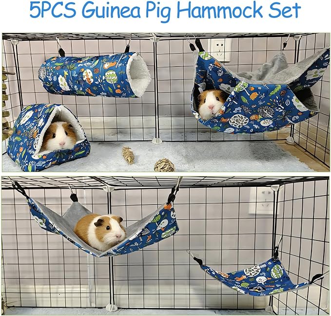 kathson 5 PCS Guinea Pig Hammock Set, Washable Rat Hammock, Guinea Pig Hideout Bed Soft Hamster Hanging Tunnel Mats Small Pets Cage Accessories for Chinchilla, Sugar Glider, Squirrel(Blue)