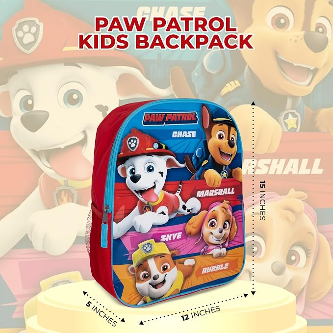 AI ACCESSORY INNOVATIONS Paw Patrol Kids Backpack, Girls & Boys 15" School Book Bag Featuring Chase, Marshall, Skye, and Rubble, Red