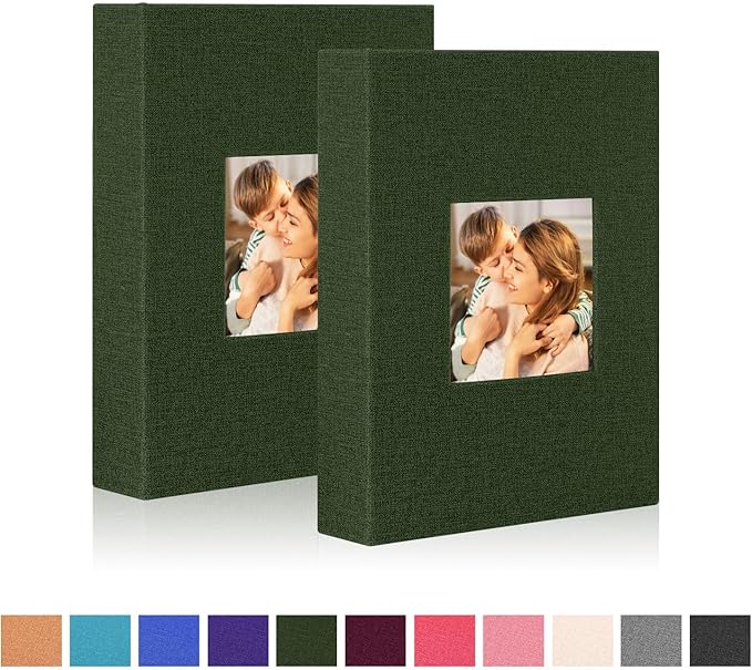 Ywlake Photo Album 4x6 50 Pockets 2 Packs, Small Mini Capacity Linen Photo Album Bulk Sets, Each Pack Holds 50 Top Loader Vertical Only Picture for Kids Boy Girls Green