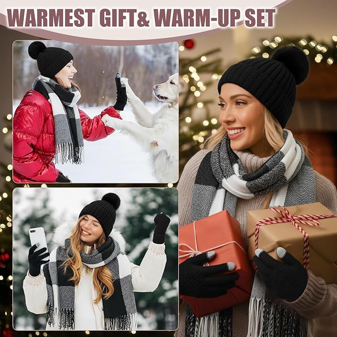 Geyoga 6 Pcs Winter Hat Scarf Gloves Set Knitted Touchscreen Gloves Plaid Scarf Earmuffs Socks Gift for Women Men