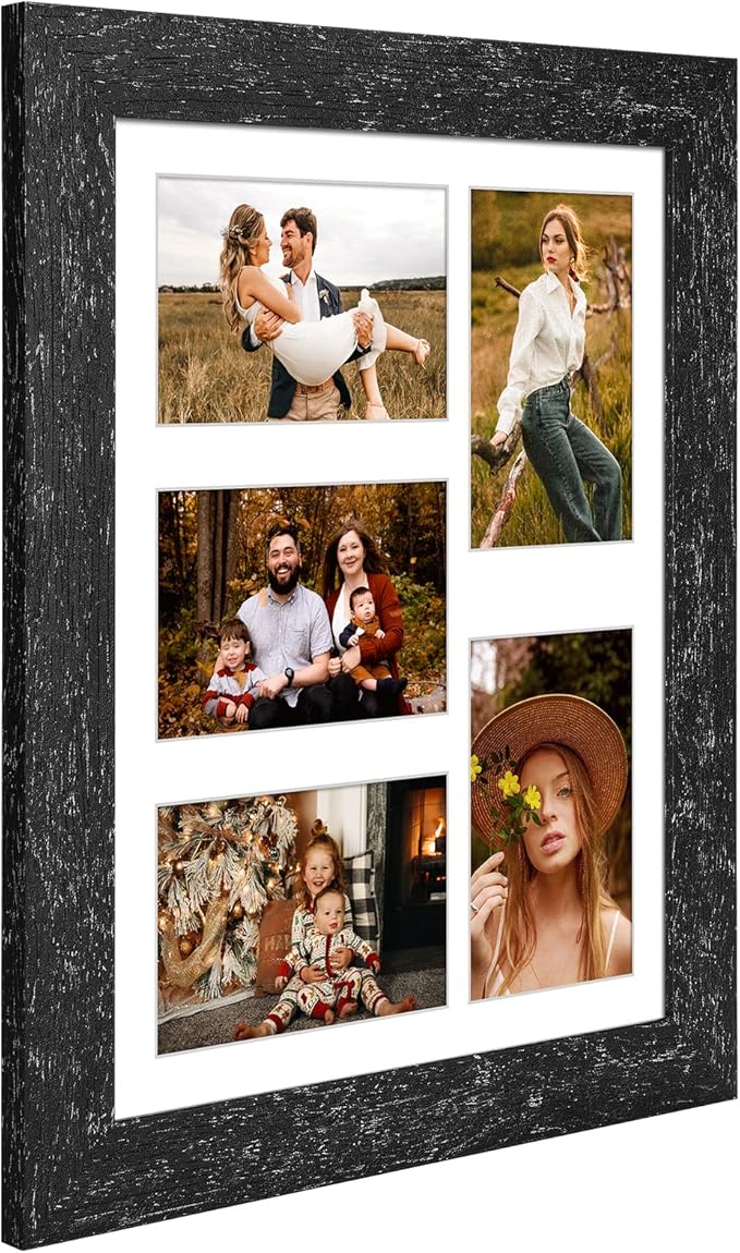 11x14 Picture Frame Display 5 opening 4X6 Picture Frame Collage,Multi Photo Frame with Mat,Plexiglass,Wall or Tabletop Decor,Black Wood Grain
