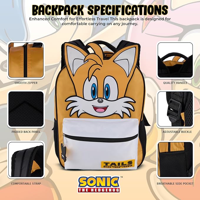 AI ACCESSORY INNOVATIONS Sonic The Hedgehog Backpack for Boys & Girls, Tails Big Face 16 Inch Schoolbag with Tails Rubber Molded Dangle, Yellow