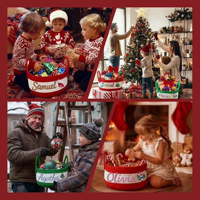 Personalized Christmas Gift Baskets with Name,Custom Baby Rope Cotton Basket for Organizing,Customized Storage Baskets for Baby Shower Christmas