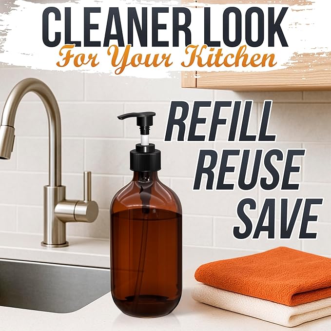 Amber Plastic Soap Dispenser with Pump Set of 3 – 16 oz Refillable Shampoo and Conditioner Bottles – Durable & Reusable for Hand Soap, Dish Soap, Lotion, Gel, Body Wash in Kitchen, Bathroom, Shower