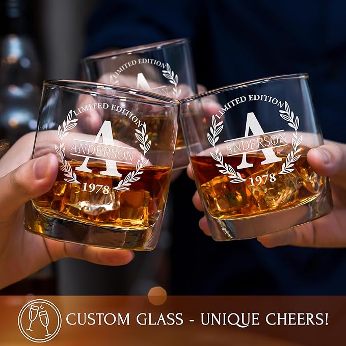 Personalized Whiskey Decanter and Glasses Set - Customized Gift for Him - Fathers Day Gift for Men, Dad, Father, Brother, Son - Engraved Old Fashioned Whiskey Decanter, 4 Glasses in Wooden Gift Box