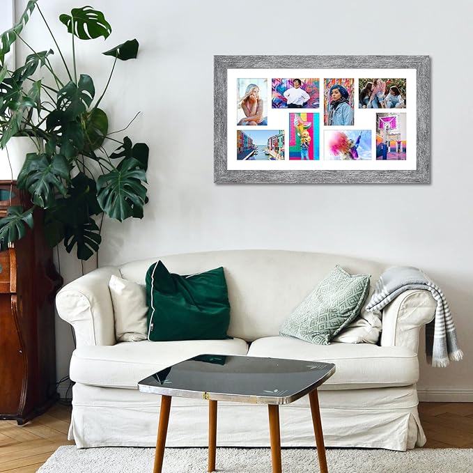 11.8x21.8 Picture Frame Display 8 opening 4X6 Picture Frame Collage,Multi Photo Frame with Mat,Plexiglass,Wall or Tabletop Decor,Grey Wood Grain