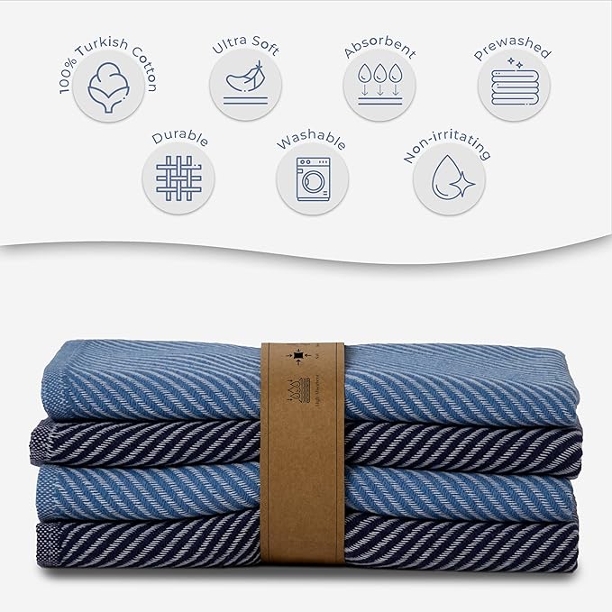 Extra Soft Kitchen Hand Towels - 4 Pack, (20" x 30") - Large & Cozy - Versatile as, Turkish Dish Towels, Large Kitchen Towels, Dish Towel for Drying, Bathroom Hand Towels, Denim and Dark Blue