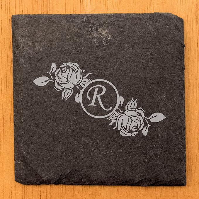 Initial Inspiration: Personalized Slate Coasters with Rose Monogram - Square Slate - Set of 5
