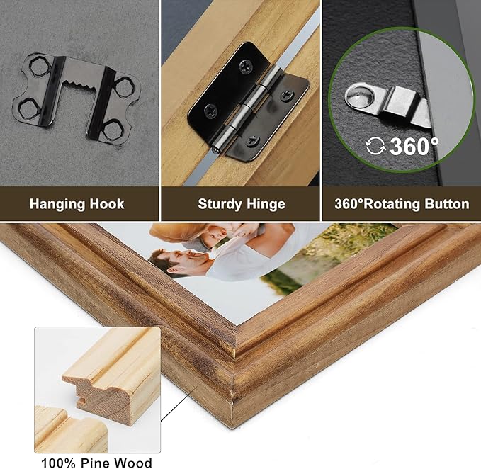 Horizontal 4X6 Picture Frames Double Hinged Wood Folding Photo Frames with Real Glass Front Fit for Desktop or Tabletop, Wood Grain XZON-H64X2