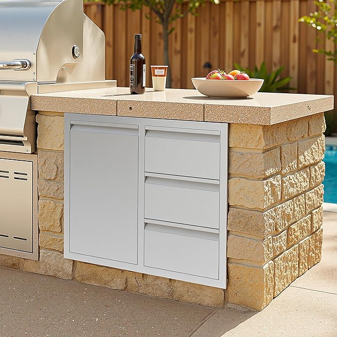 Jocisland Outdoor Kitchen Drawers 28" W×20" D×23" H Stainless Steel Drawers for Outdoor Kitchens, 3-Tier Cabinet & 3-Drawer Combo, Built-in BBQ Island Storage