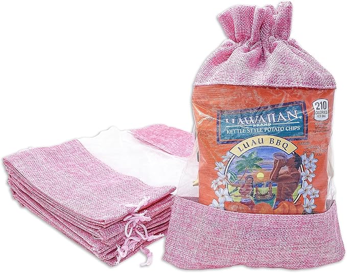 TheDisplayGuys For Your Modern Living 12-Pack X-Large Linen Burlap & Organza Gift Bags w. Drawstrings (7.5x11.5 in, Pink) - Party Favors, Presents, Samples & Treats Mesh Pouch by The Display Guys