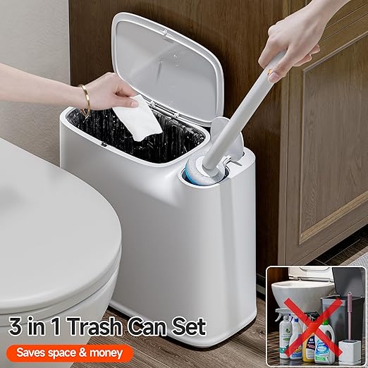 CTIME Bathroom Trash can Set, 2 Gallon White Small Trash Can with Lid, Disposable Toilet Brush, Storage Caddy and 12 Refills, Slim Garbage Can for Bathroom, RV