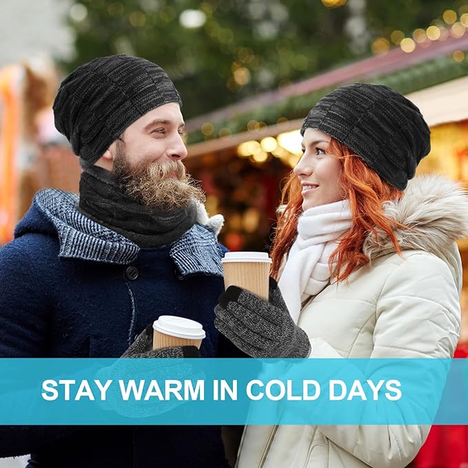Winter Fleece Lined Beanie Hat Scarf Sock Touchscreen Gloves Set for Men Women