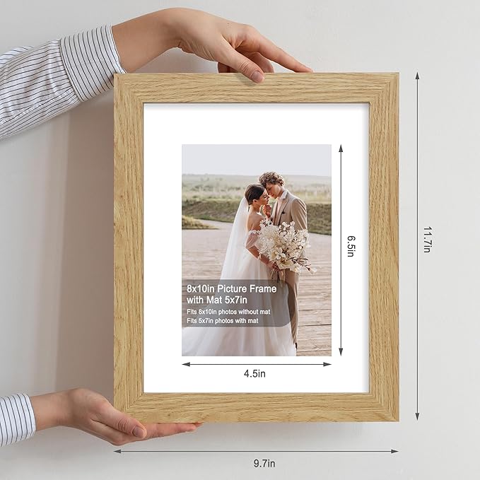 8x10 Picture Frame Set of 4, Made of Real Glass and Natural Oak Wooden Frame, 8 by 10 Photo for Wall or Tabletop - Display Picture 5x7 with Mat or 8x10 Without Mat