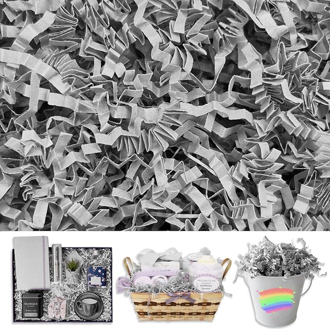 Light Gray Crinkle Cut Paper Shred Filler, 2 LB Basket Filler Shredded Paper, Confetti Stuffing for Basket Filling, Halloween, Thanksgiving, Christmas, Birthdays, Gift Wrapping, Stuffer Party Supplies