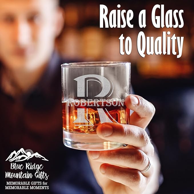 Blue Ridge Mountain Gifts - Custom Engraved Whiskey Glass - 11 oz Old Fashioned Tumbler - Personalized Monogram with Last Name - Wedding, Groomsmen, Personalized Father's Day Gift & Birthday Gift (4)