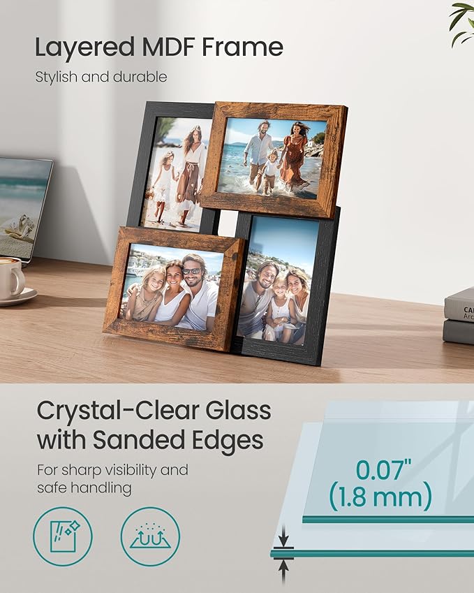 SONGMICS 4x6 Collage Picture Frames, Family Photo Collage Frame Set of 4 for Wall Decor, Glass Front, Wall Hanging or Tabletop, Christmas Gift, Ash Black and Rustic Brown URPF025K01