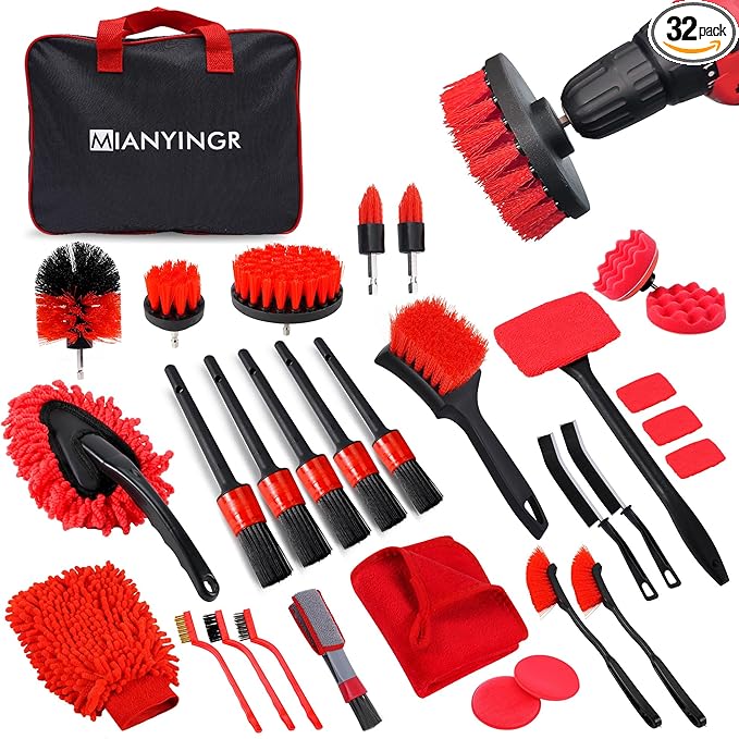 32Pcs Car Detailing Kit, Auto Detailing Brush Set and Drill Brush Attachments with Portable Handbag, Multi-Functional Vehicle Cleaning Tool for Wheels, Windshield