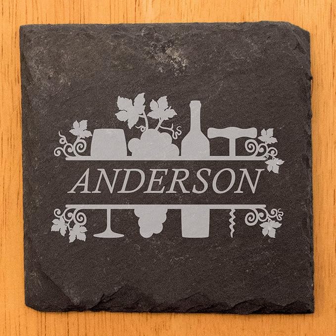 Cheers to Life: Personalized Slate Coasters with Wine Design - Square Slate - Set of 5