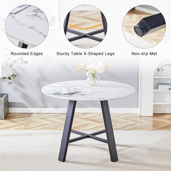 Round Dining Table Set for 4, Modern Kitchen Dining Table Chairs Set for 4, 42 Inch Small Round White Dining Table Set & 4 Upholstered Fabric Chairs for Kitchen Living Office Cafe Small Space